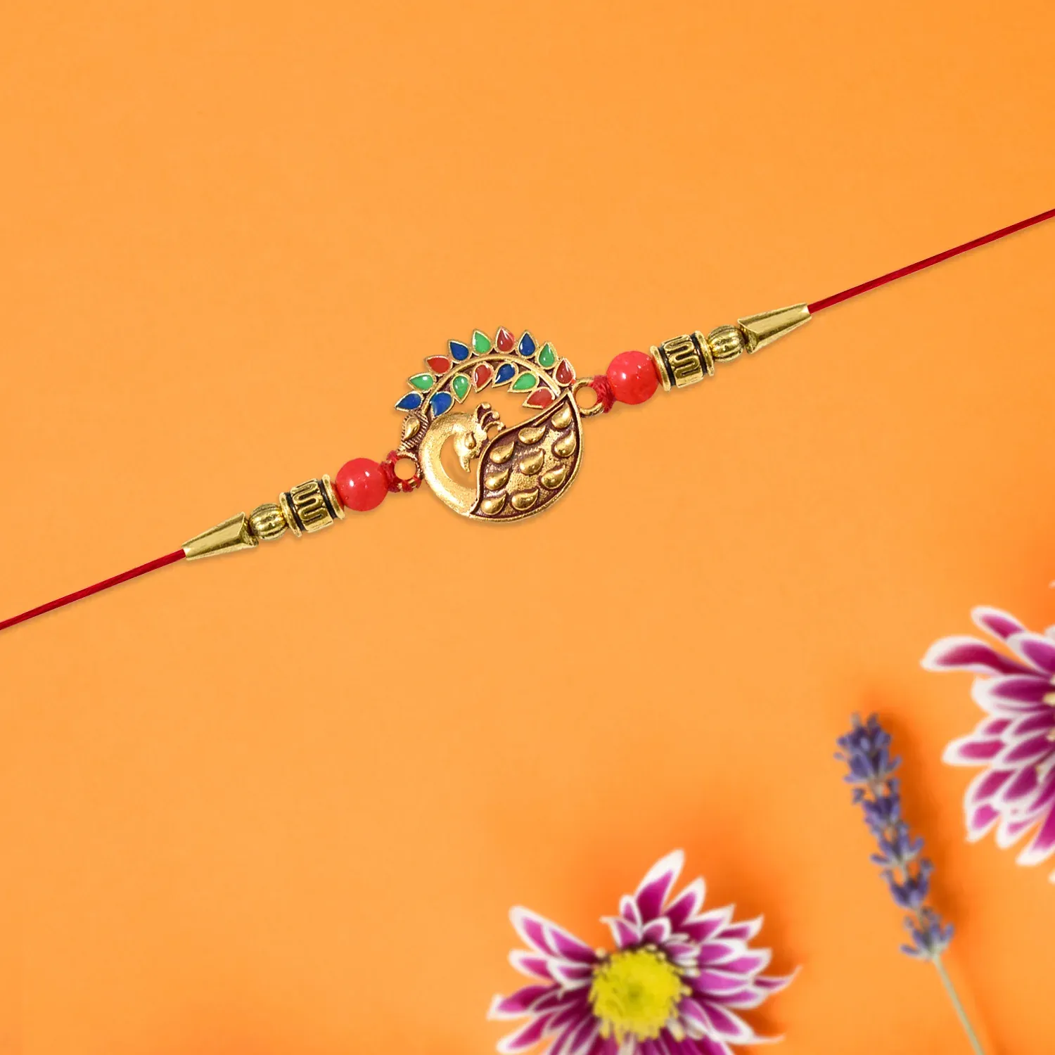 Peacock Rakhi – Golden Enamel Work for Rakshabandhan - Detailed Feature View 1