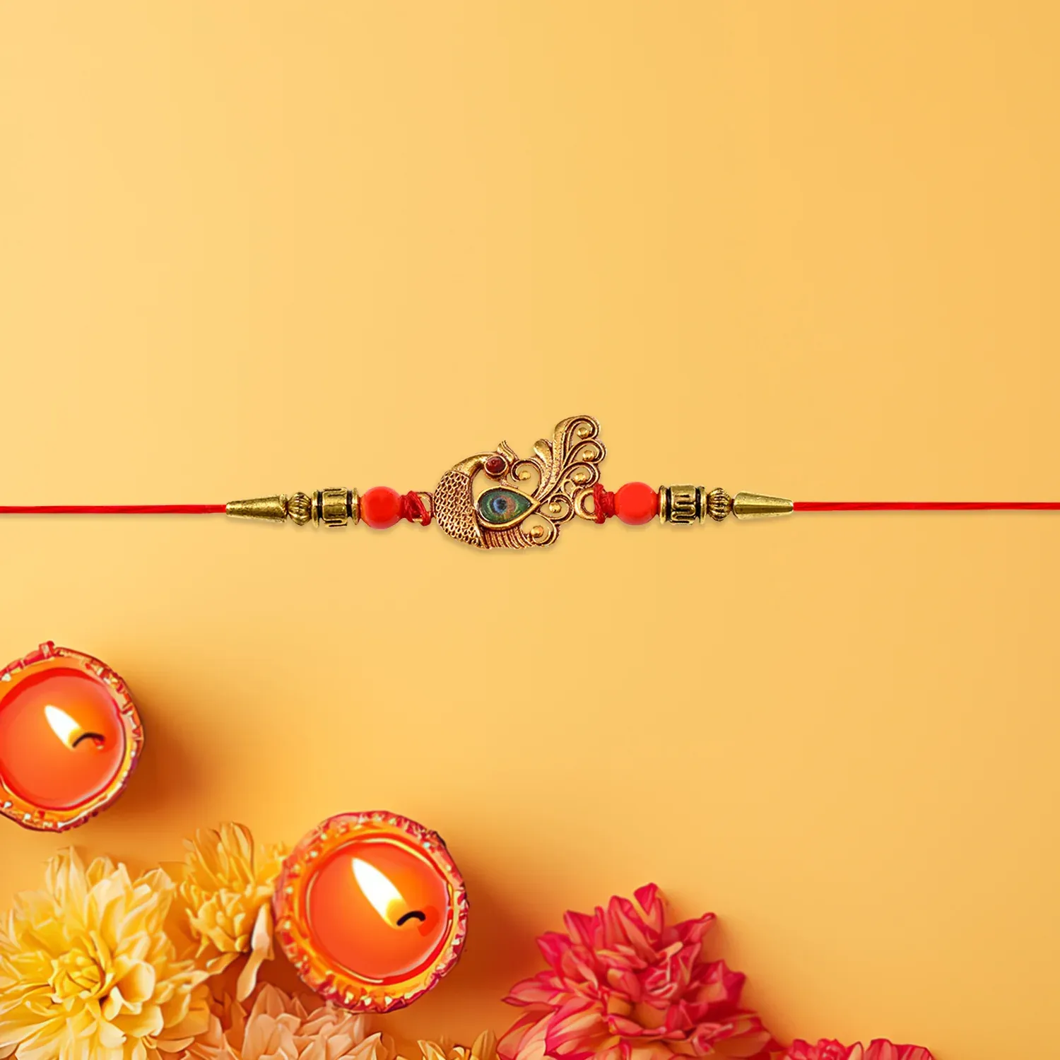 Peacock Rakhi – Golden Stone & Bead Designer Band for Brother - Detailed Feature View 3