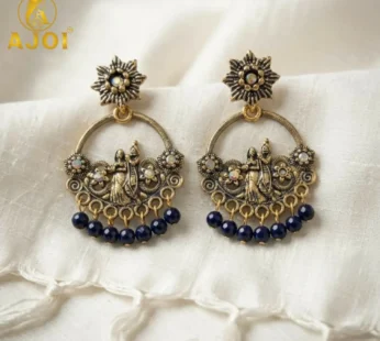 Oxidised Chandbali Earrings – Intricate Ethnic Design & Blue Beads