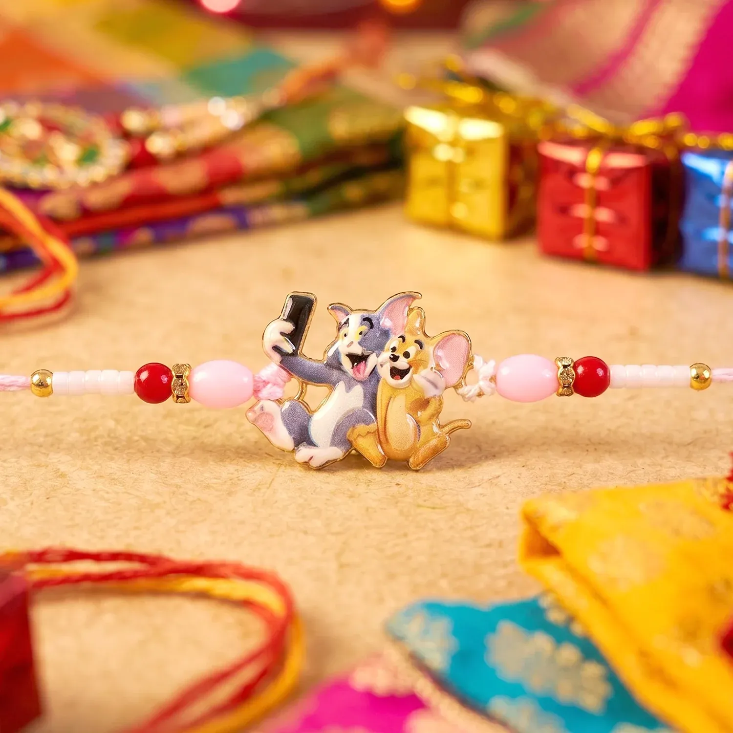 Kids Rakhi – Cute Cartoon Cat & Mouse Selfie Design for Siblings - Detailed Feature View 2