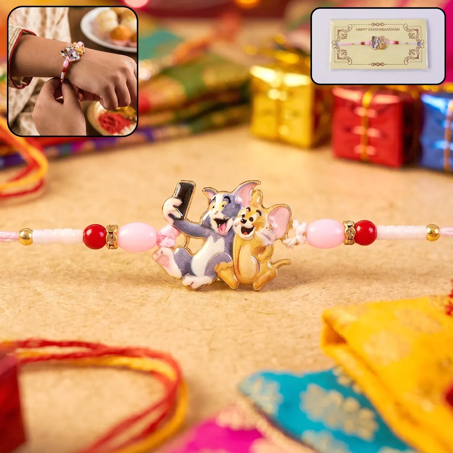 Premium Kids Rakhi – Cute Cartoon Cat & Mouse Selfie Design for Siblings - Buy Online at Alikart