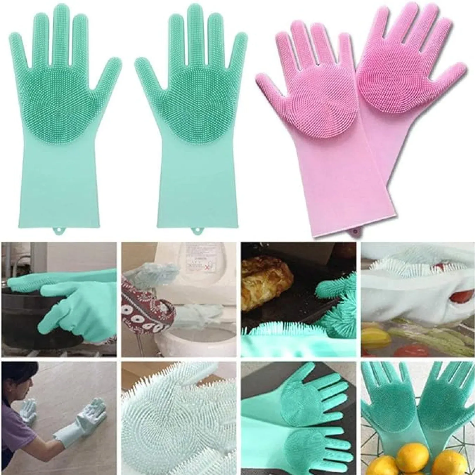 Silicone Cleaning Gloves – Multicolor Reusable Scrubber | Velvet Wipe - Detailed Feature View 2