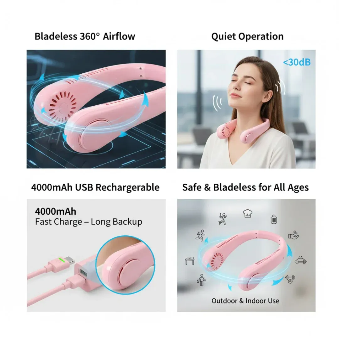 Bladeless Neck Fan – USB Rechargeable & Hands-Free - Detailed Feature View 2