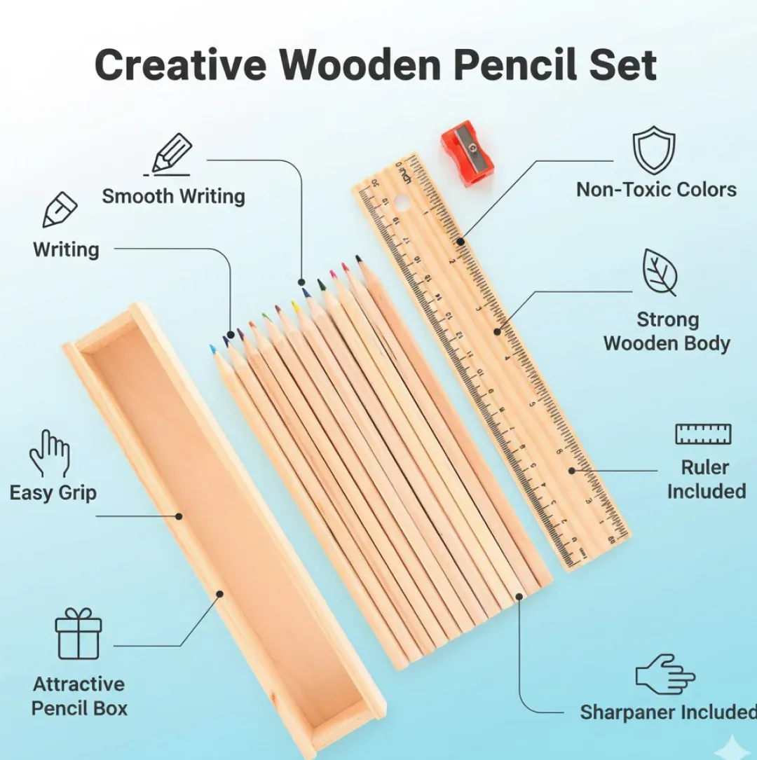 Wooden Pencil Set – 12 Pcs with Box & Sharpener | TinyTrendy - Detailed Feature View 1