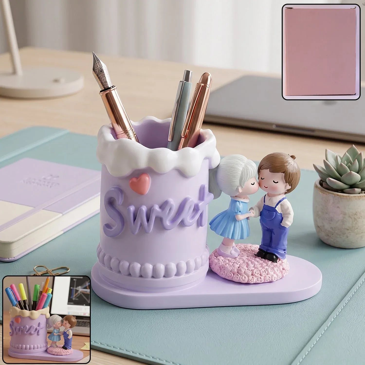 Premium Cute Couple Pen Holder – Adorable Resin Desk Organizer & Showpiece - Buy Online at Alikart