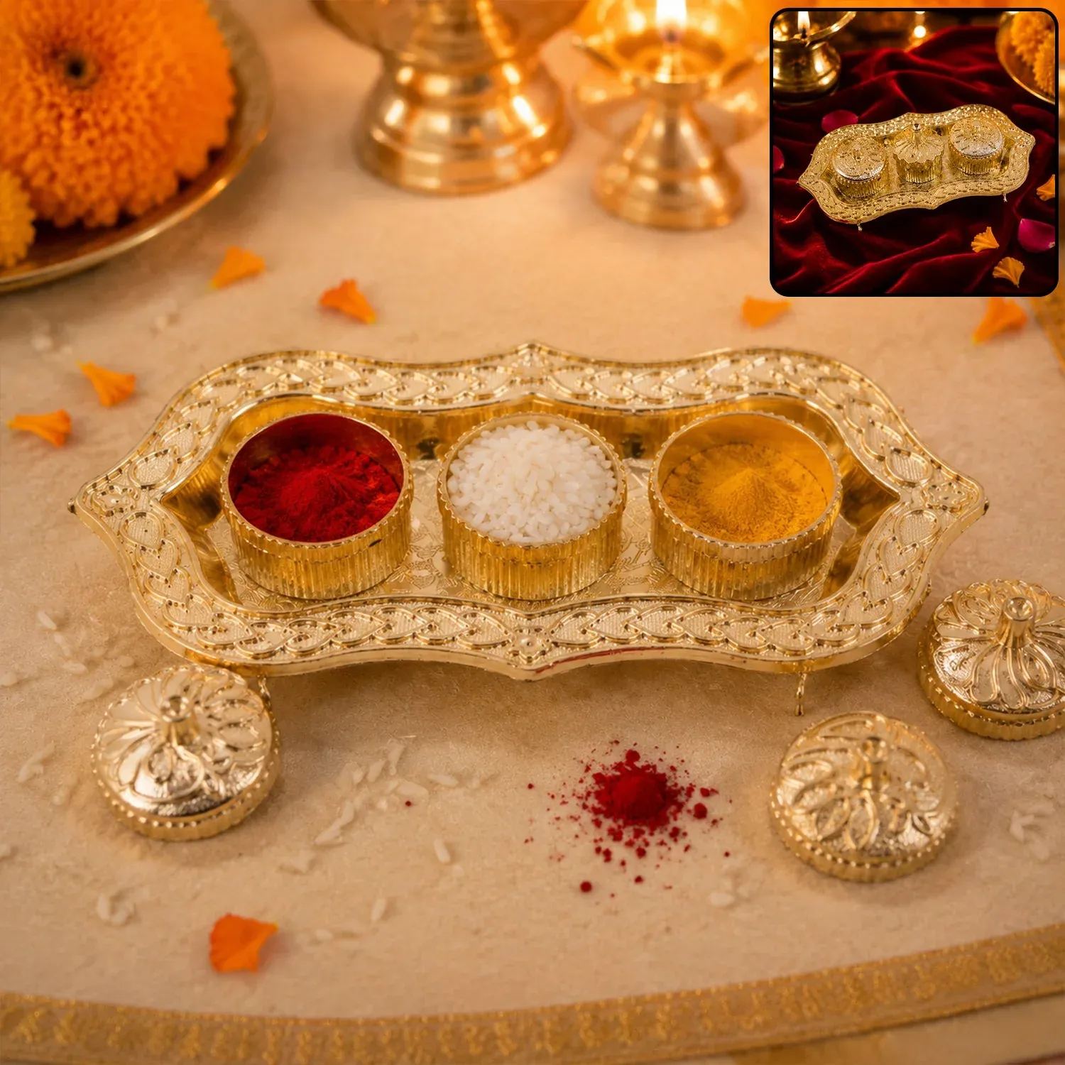 Premium Kankavati – Elegant 3-Compartment Puja Holder for Sacred Rituals - Buy Online at Alikart