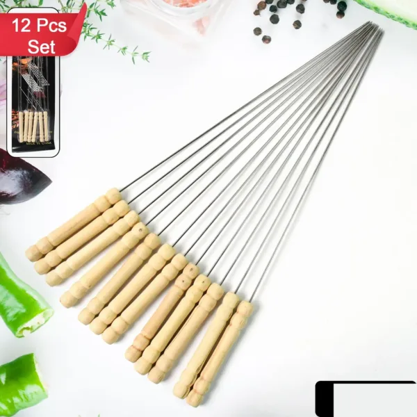 BBQ Skewers – Stainless Steel with Wooden Handles, Set of 12 | Indo Glow