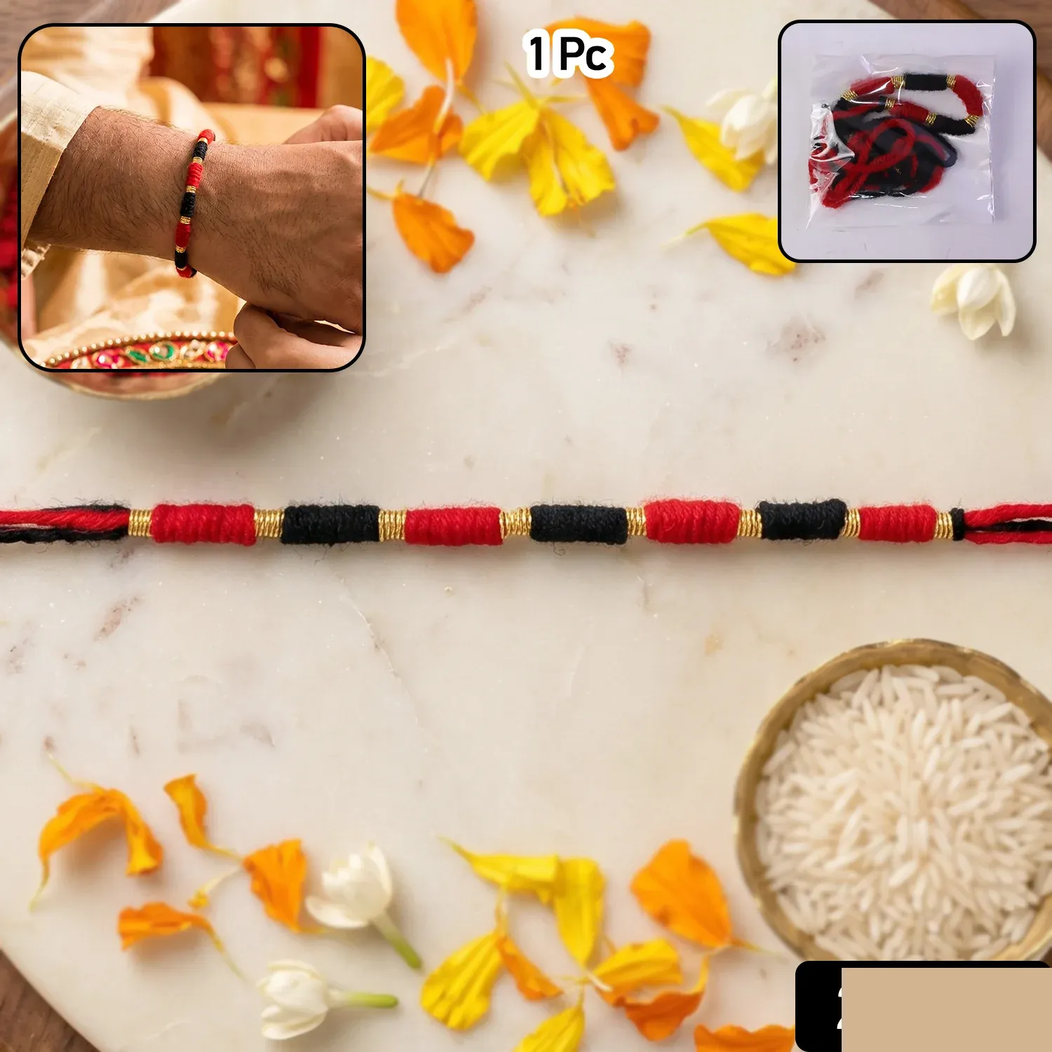 Handmade Rakhi – Traditional Beaded Thread with Golden Accents - Detailed Feature View 1
