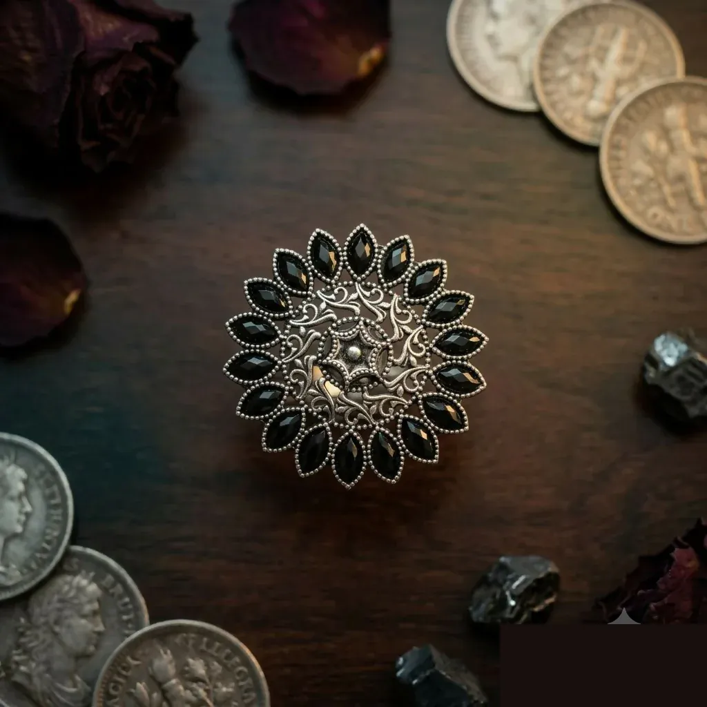 Black Beaded Floral Adjustable Finger Ring – Ethnic & Festive - Detailed Feature View 2