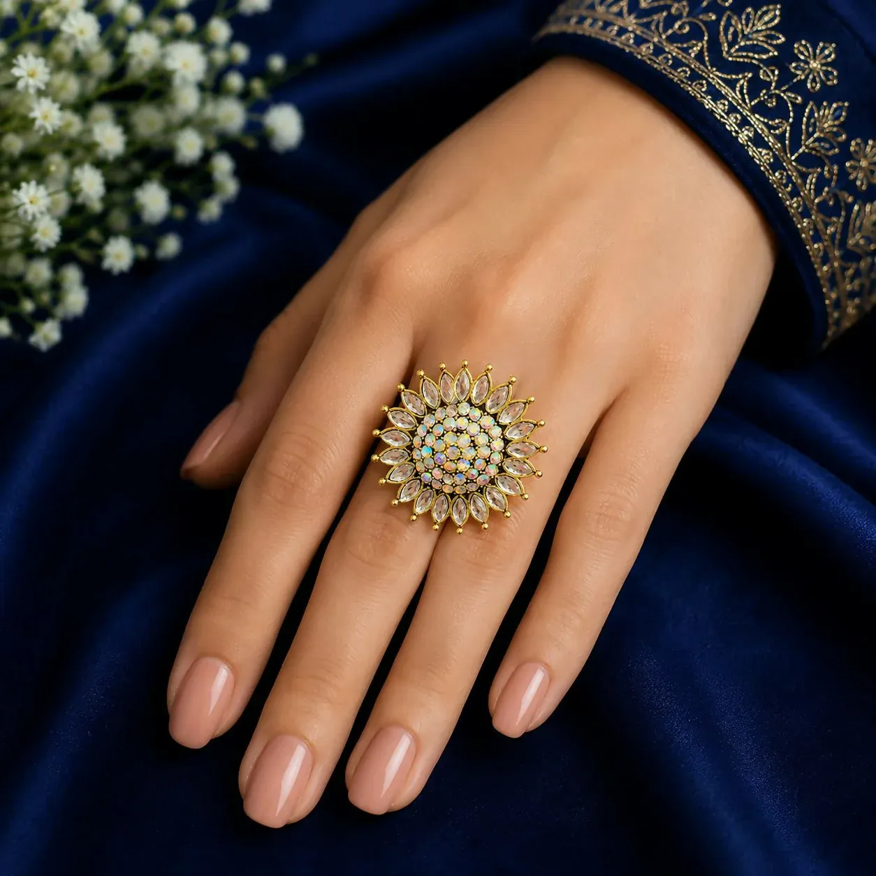 Pearl Kundan Floral Statement Ring – Elegant Gold Plated Design for Women - Detailed Feature View 1