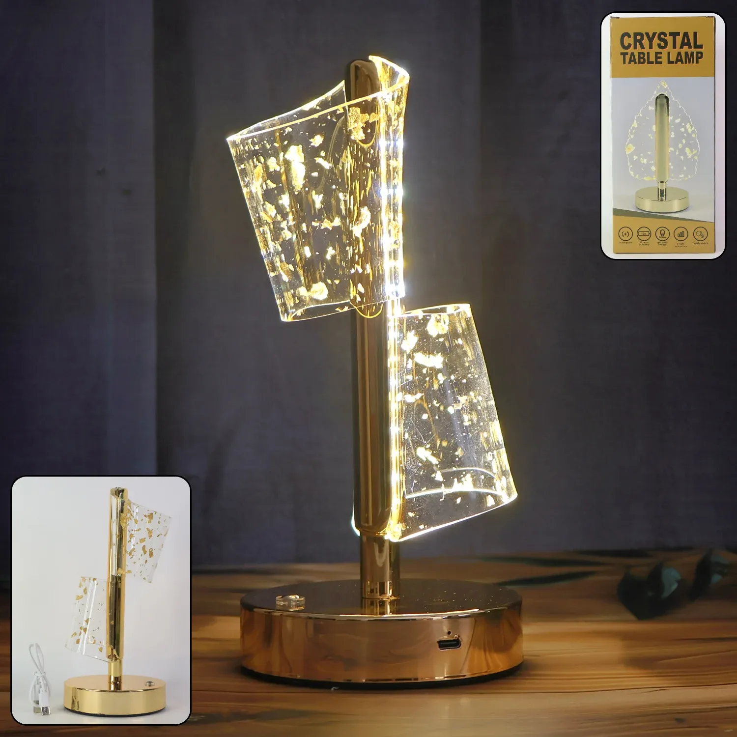 Premium Golden Crystal LED Double Shade Table Lamp – Elegant USB Charging Light - Buy Online at Alikart