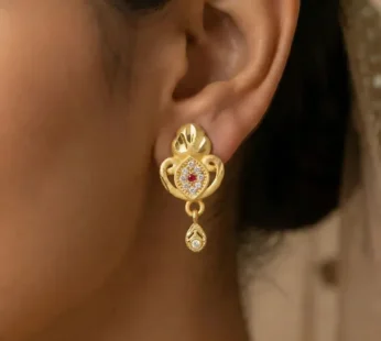 Gold Stud Earrings with Ethnic Floral Motif and Elegant Drop