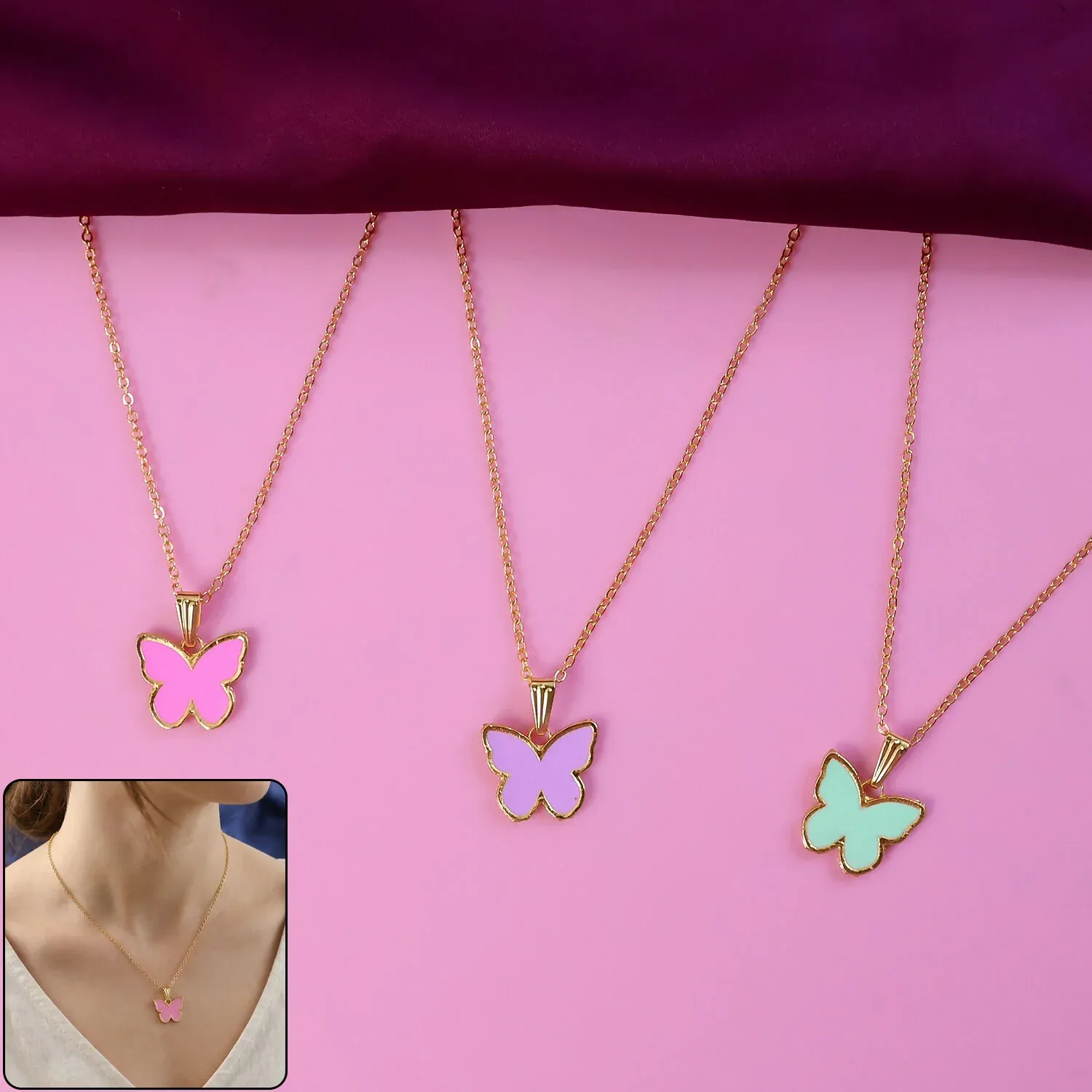Premium Butterfly Pendant Necklace – Feminine Soft Enamel & Gold Finish - Buy Online at Alikart