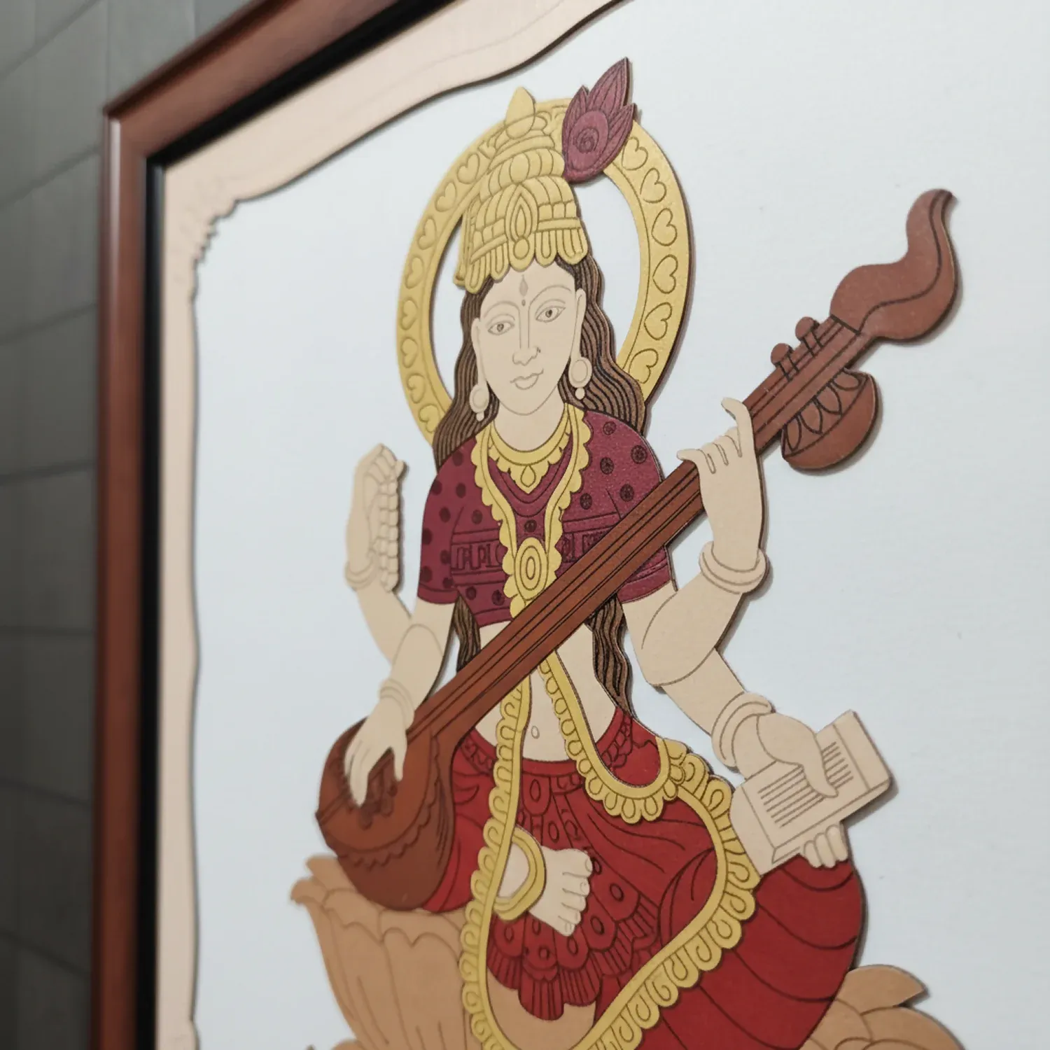 Goddess Saraswati Wooden Framed Wall Art – Handcrafted Spiritual Decor - Detailed Feature View 3