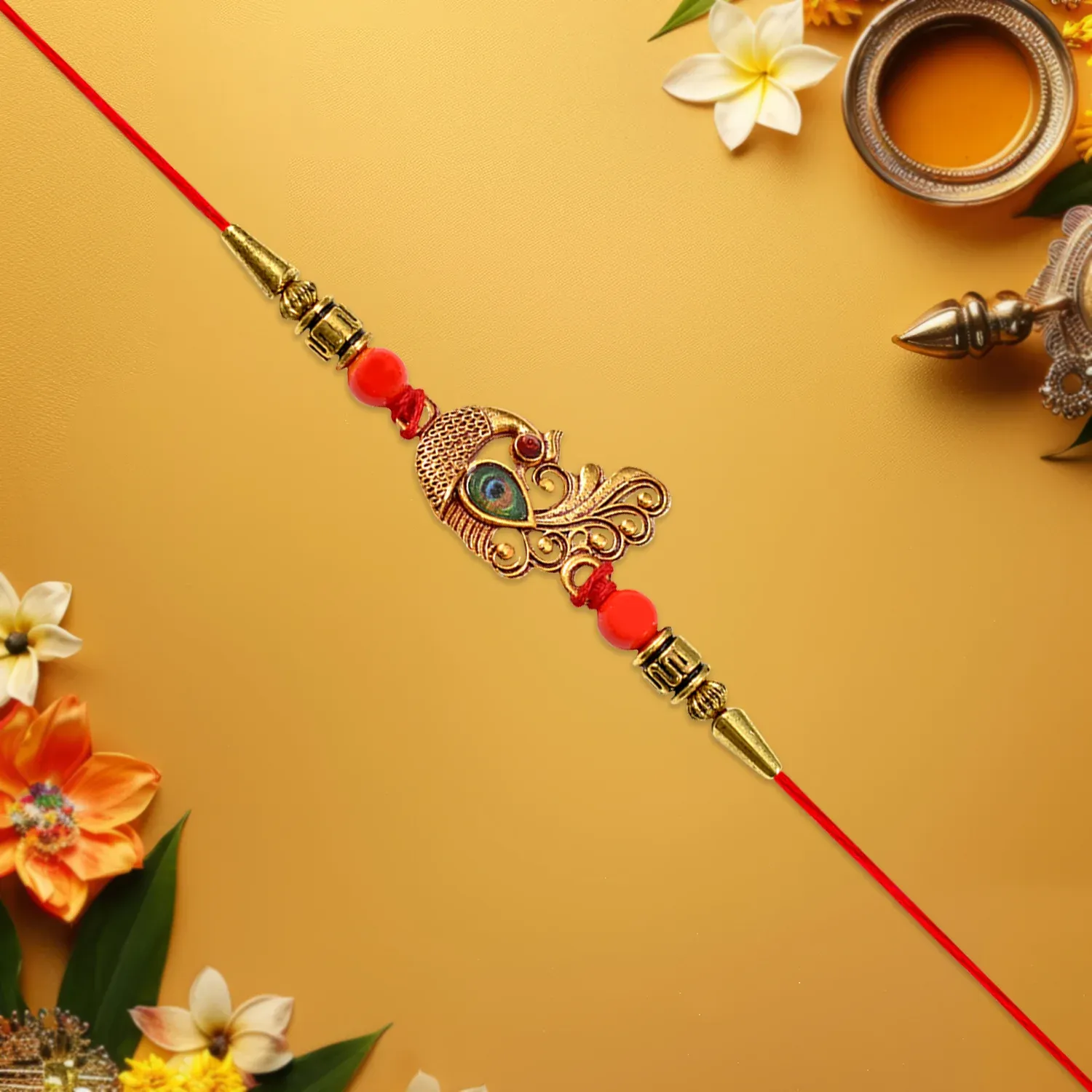 Peacock Rakhi – Golden Stone & Bead Designer Band for Brother - Detailed Feature View 1