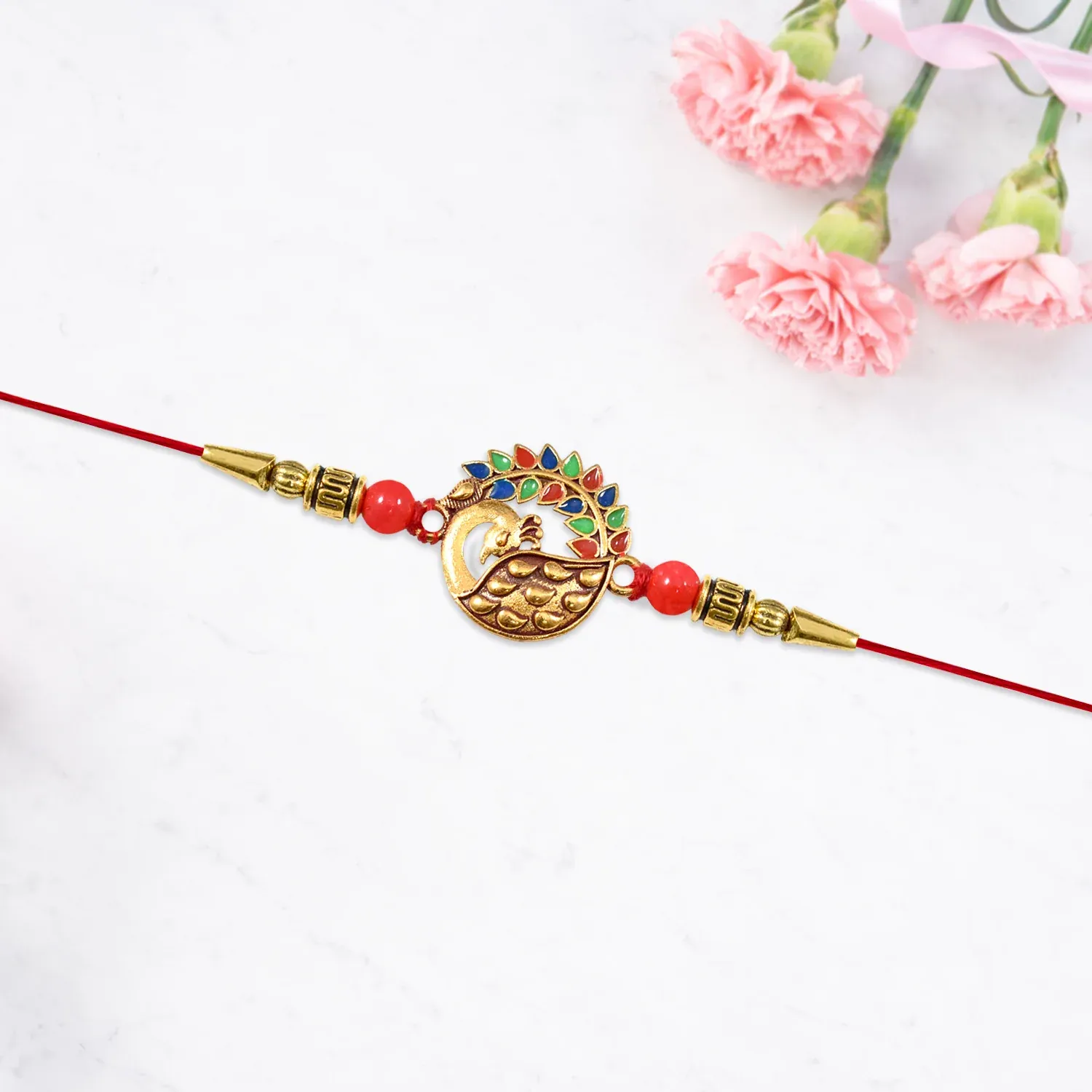 Peacock Rakhi – Golden Enamel Work for Rakshabandhan - Detailed Feature View 2