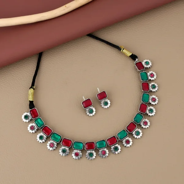 Oxidized Choker Set with Pink and Green Stones – Dual-Tone Elegance