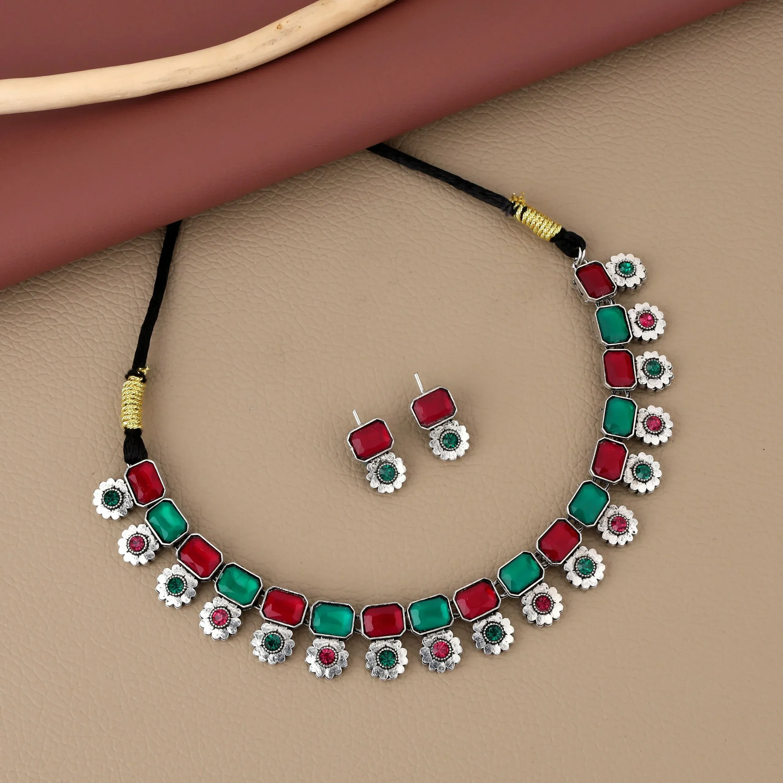 Premium Oxidized Choker Set with Pink and Green Stones – Dual-Tone Elegance - Buy Online at Alikart