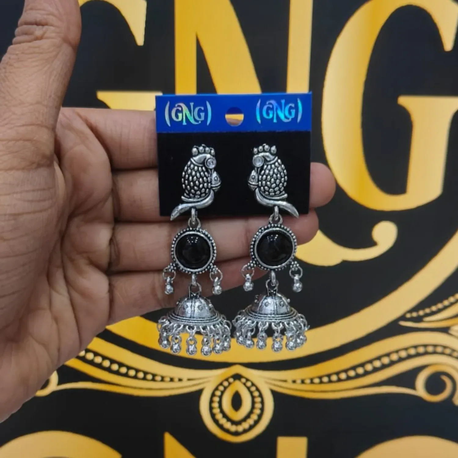 Owl Jhumka Earrings – Oxidized Silver with Black Stone Accent - Detailed Feature View 3