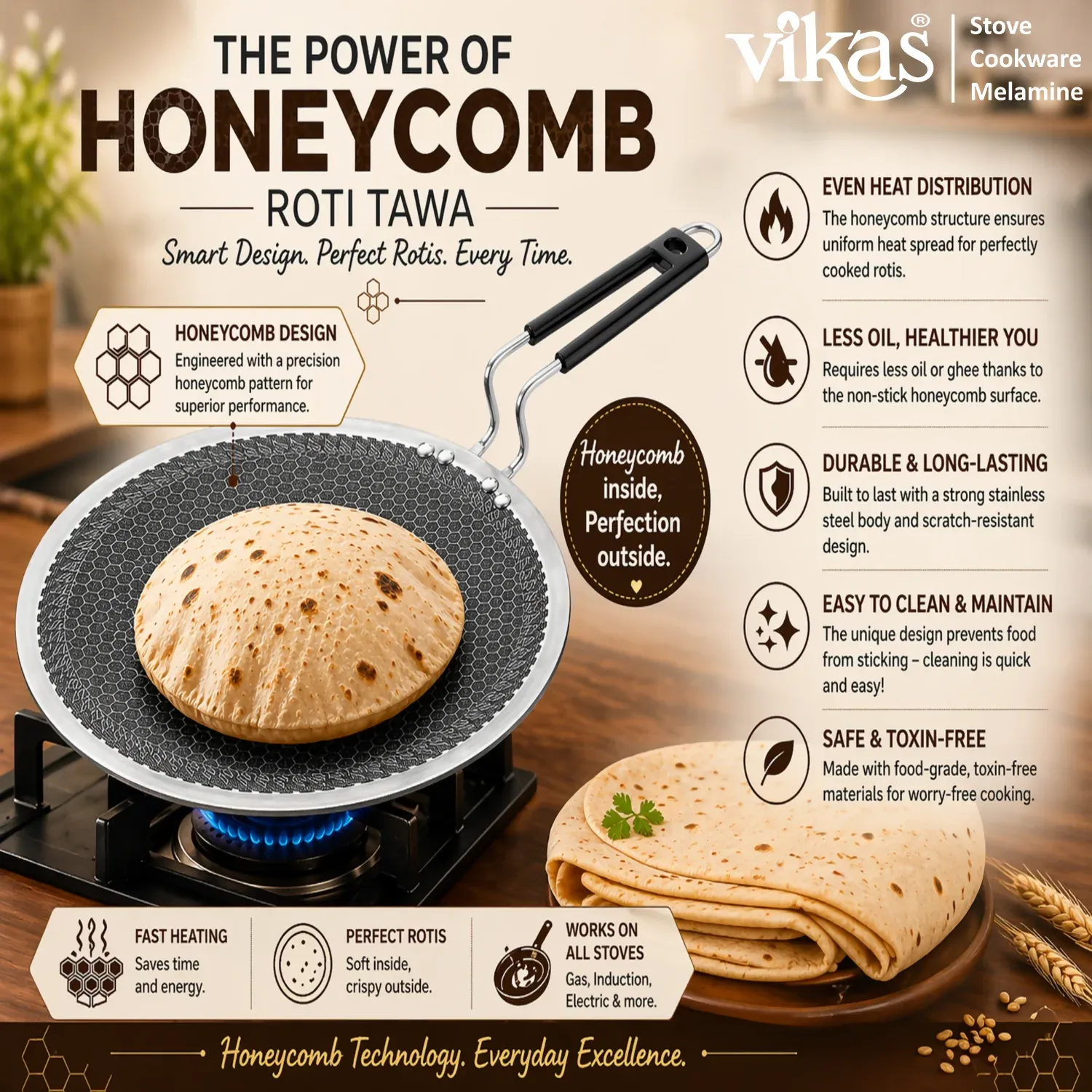 Roti Tawa – Induction Safe, Honeycomb Design for Perfect Rotis - Detailed Feature View 2