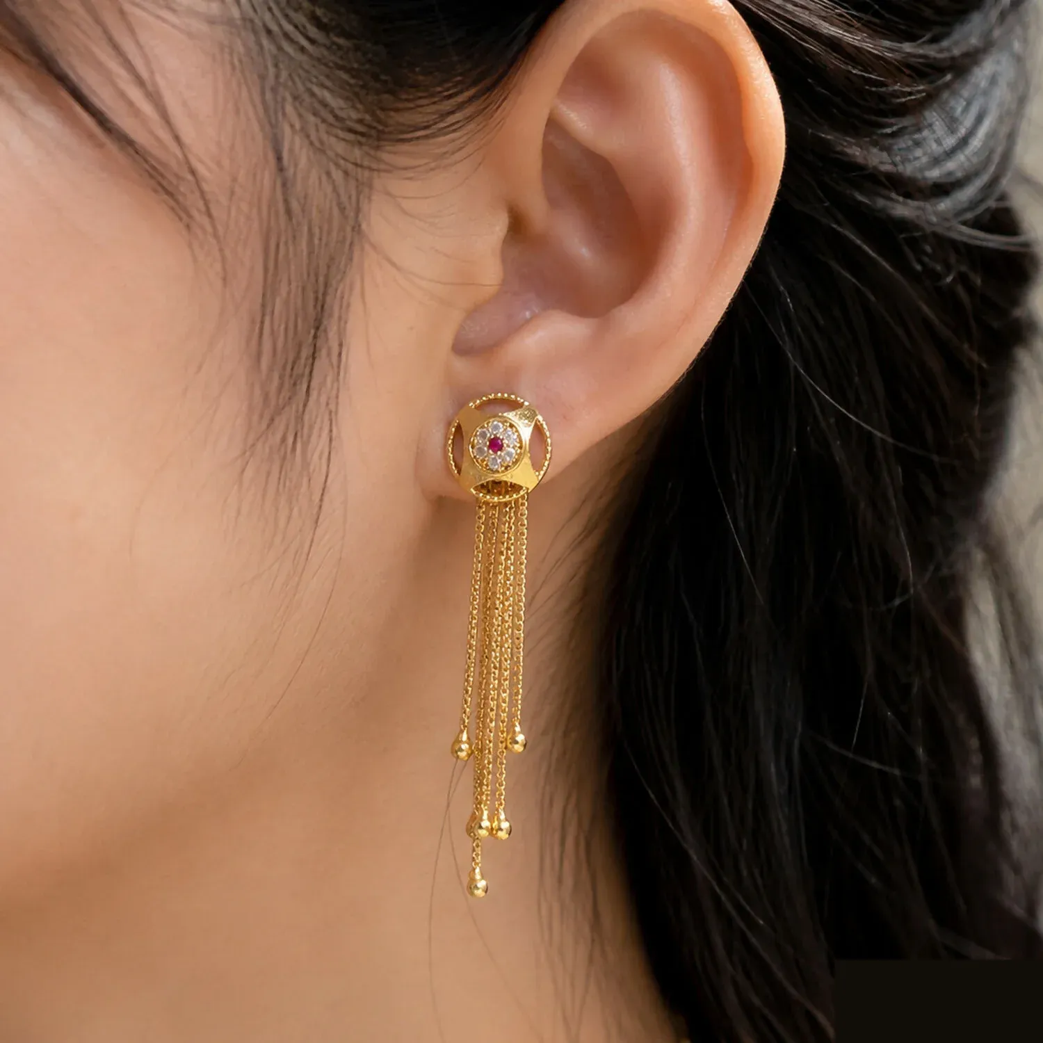 Gold Circular Dangle Earrings – Ruby Gemstone Tassels - Detailed Feature View 1