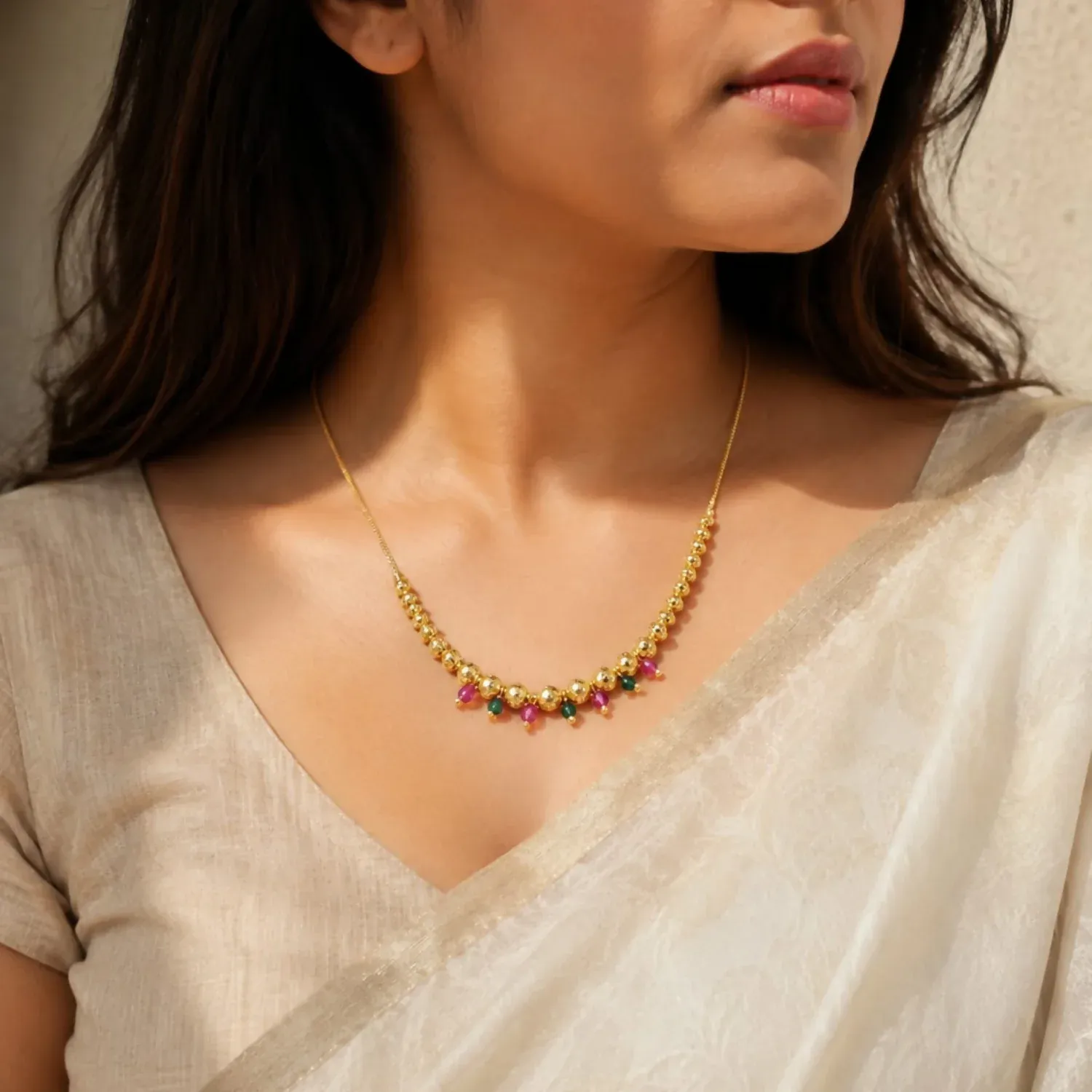 Traditional Gold Tone Beaded Necklace with Multicolor Drop Charms f... - Detailed Feature View 1