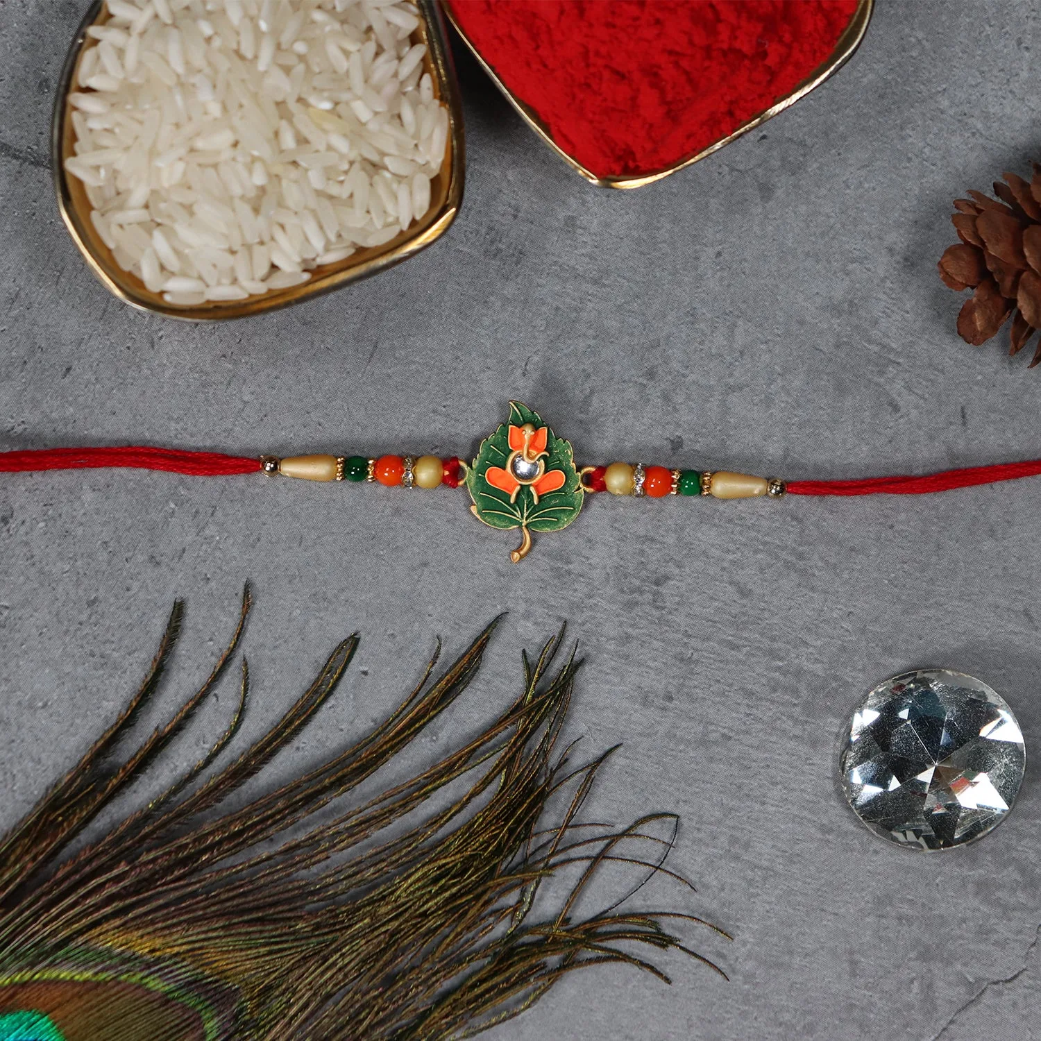 Tulsi Leaf Rakhi – Spiritual Blessings & Beaded Design - Detailed Feature View 2
