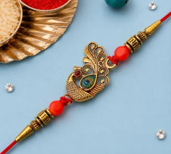 Peacock Rakhi – Golden Stone & Bead Designer Band for Brother