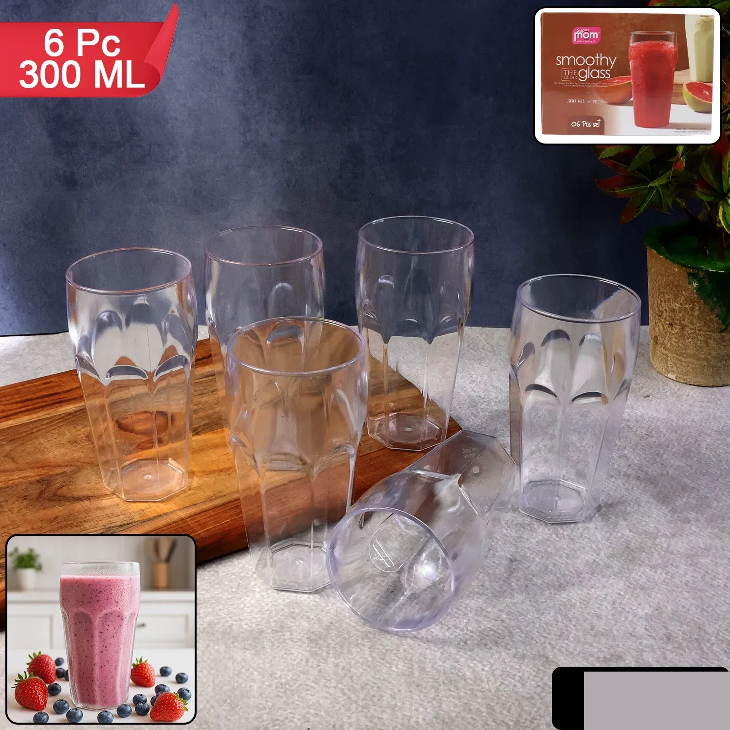 Transparent Smoothie Glass Set – 6 Durable 300ml Tumblers - Detailed Feature View 9