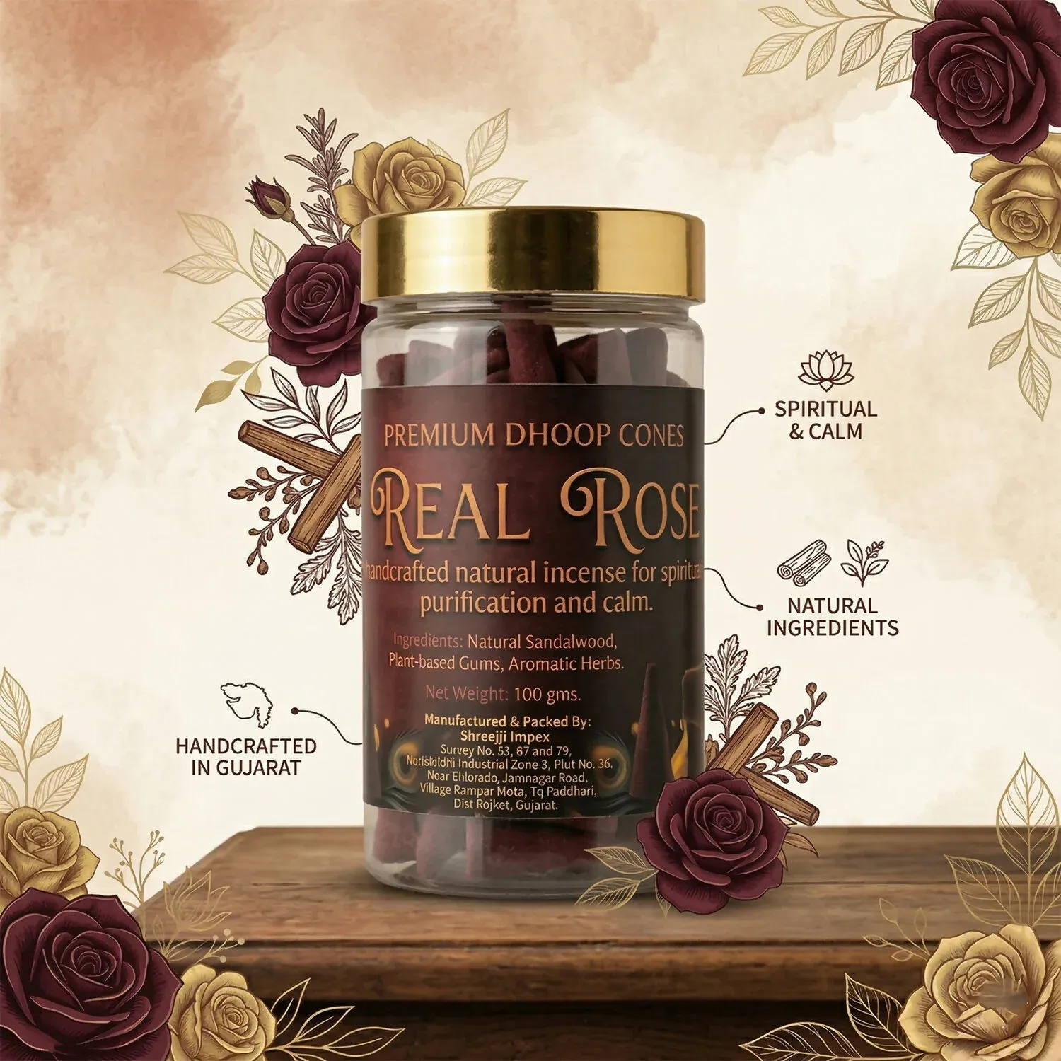 Real Rose Dhoop Cones – Natural, Long-Lasting Fragrance for Meditation - Detailed Feature View 1