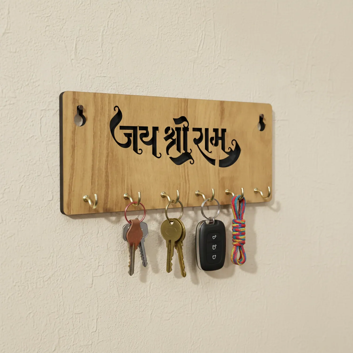 Jay Shree Ram Wooden Key Holder – Handcrafted MDF Wall Organizer - Detailed Feature View 2