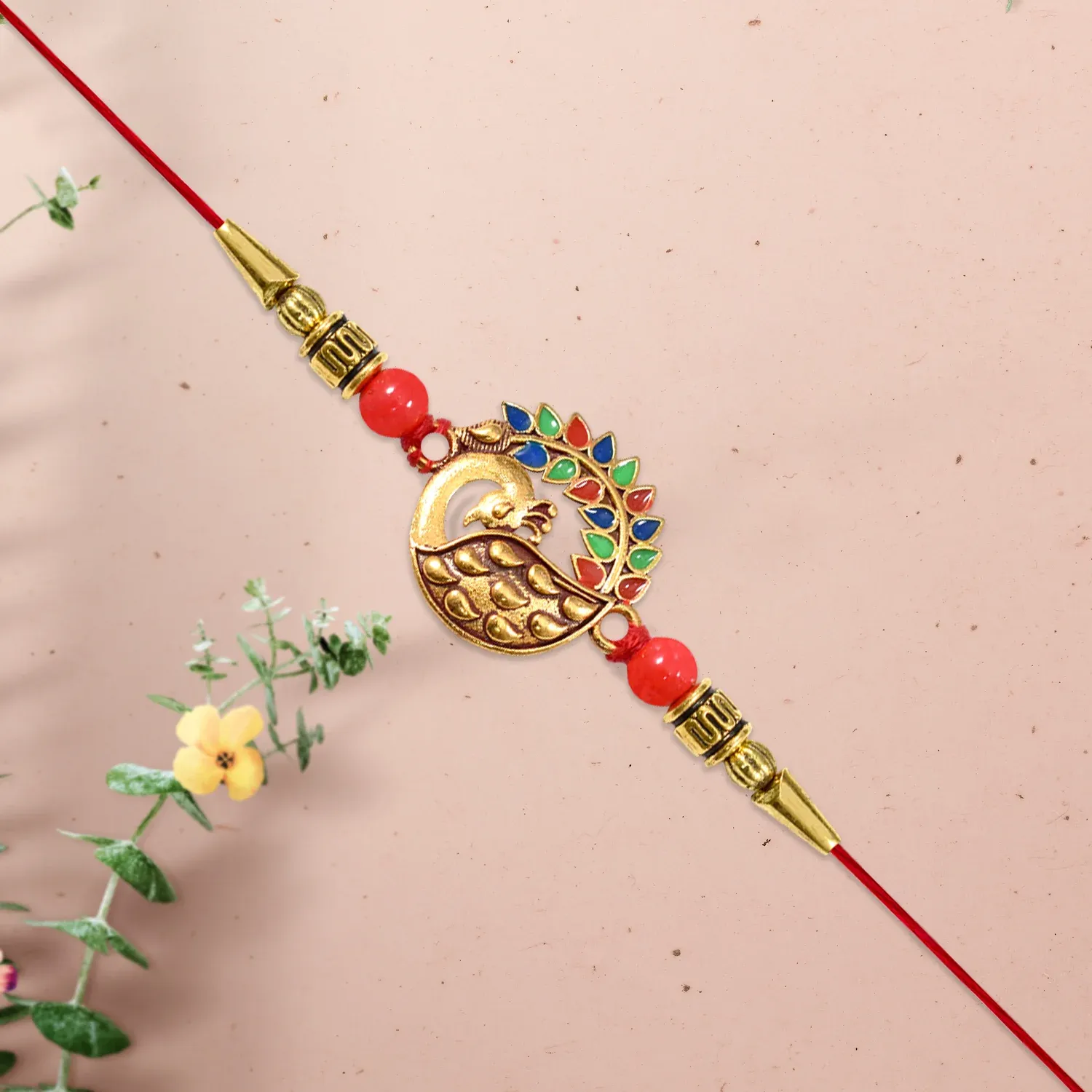 Peacock Rakhi – Golden Enamel Work for Rakshabandhan - Detailed Feature View 3