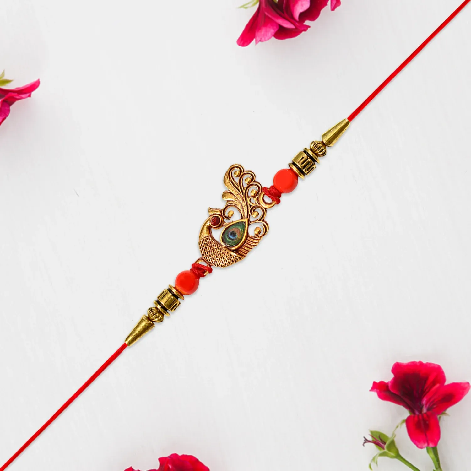 Peacock Rakhi – Golden Stone & Bead Designer Band for Brother - Detailed Feature View 2