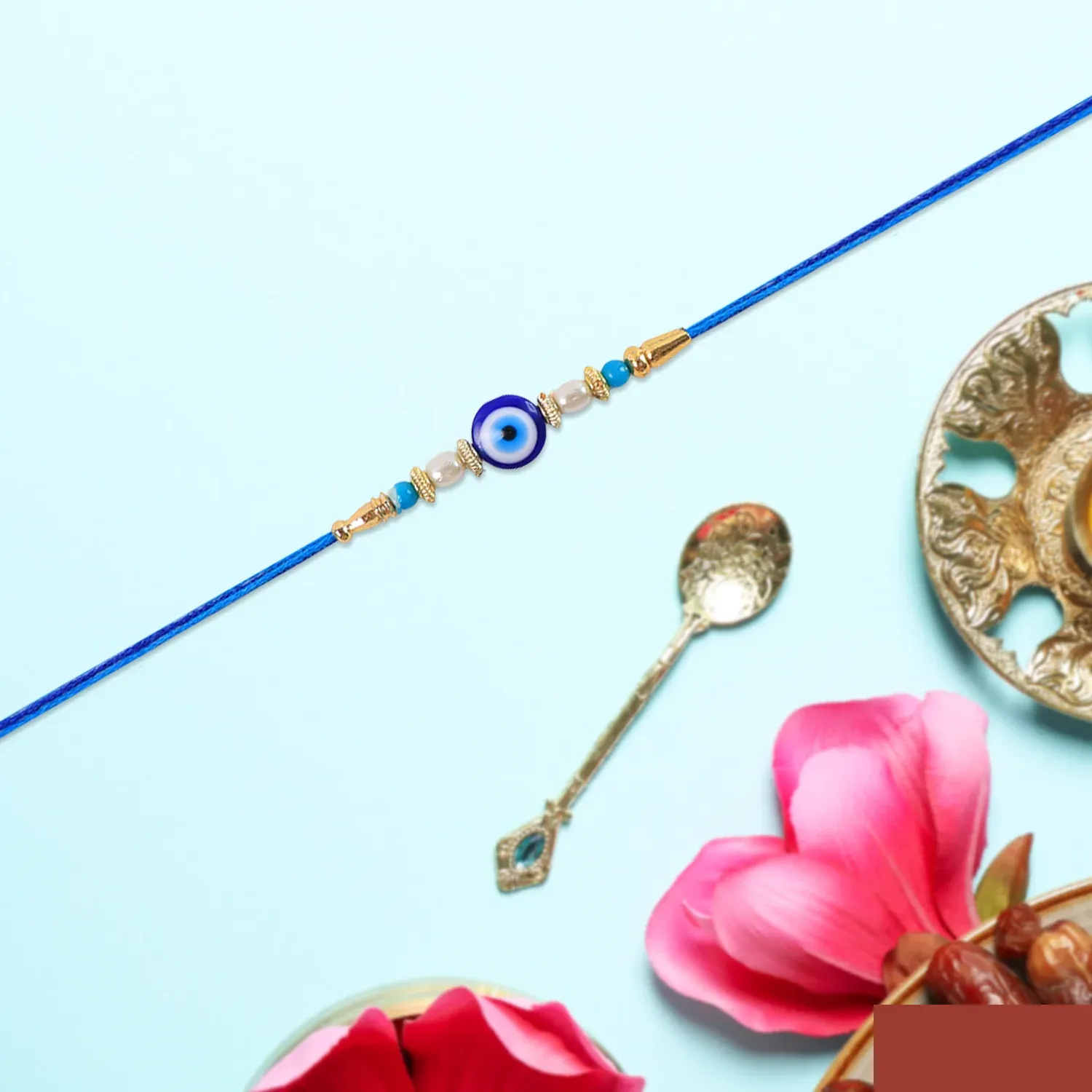 Blue Rakhi – Elegant Stone & Pearl Design for Brother - Detailed Feature View 3