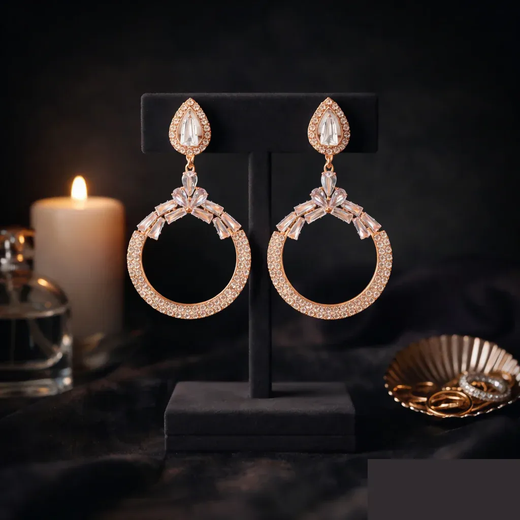 Premium Rose Gold Chandbali Earrings – Elegant Evening Statement Jewelry - Buy Online at Alikart