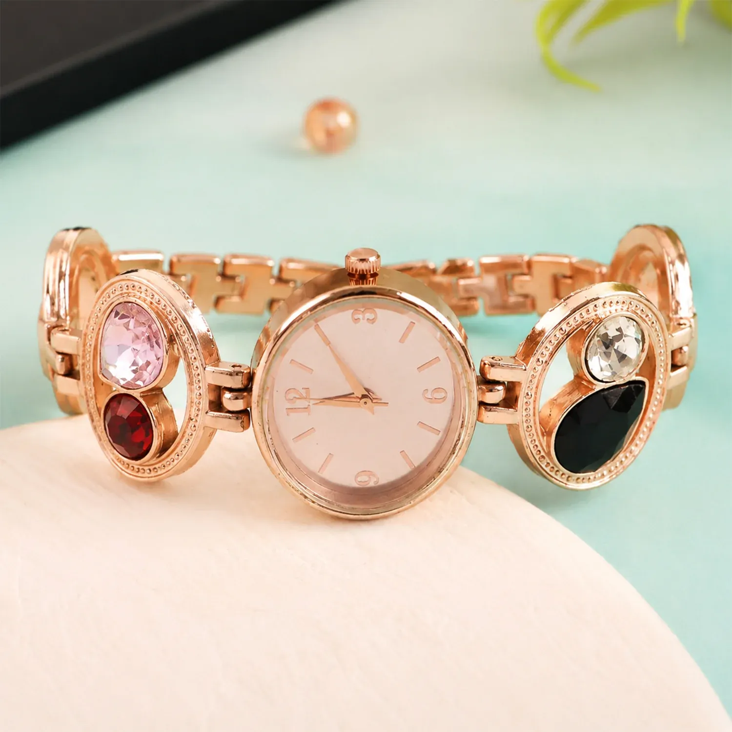 Rose Gold Bracelet Watch – Women's Analog with Crystal Stones - Detailed Feature View 3