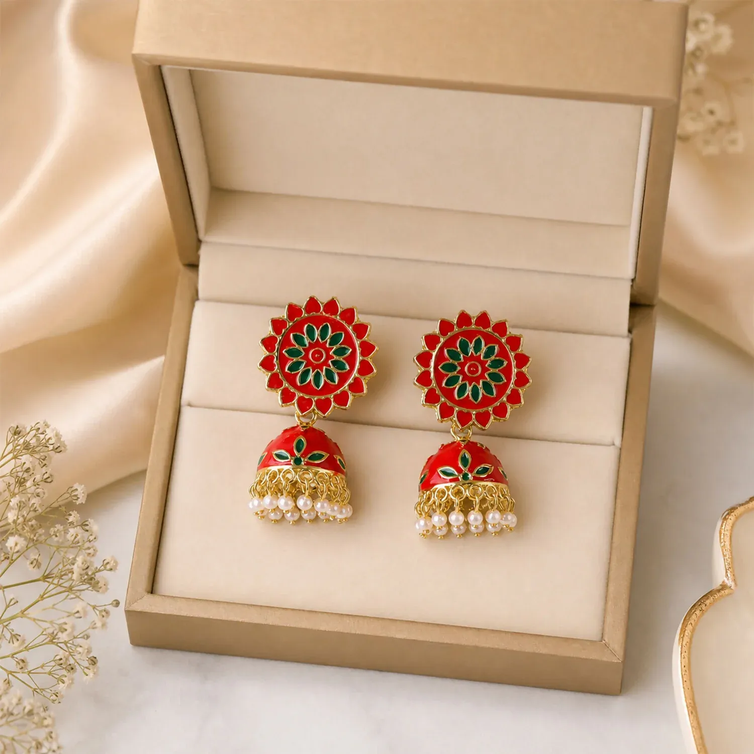 Jhumka Earrings – Traditional Floral Enamel Drop Design for Celebrations - Detailed Feature View 3
