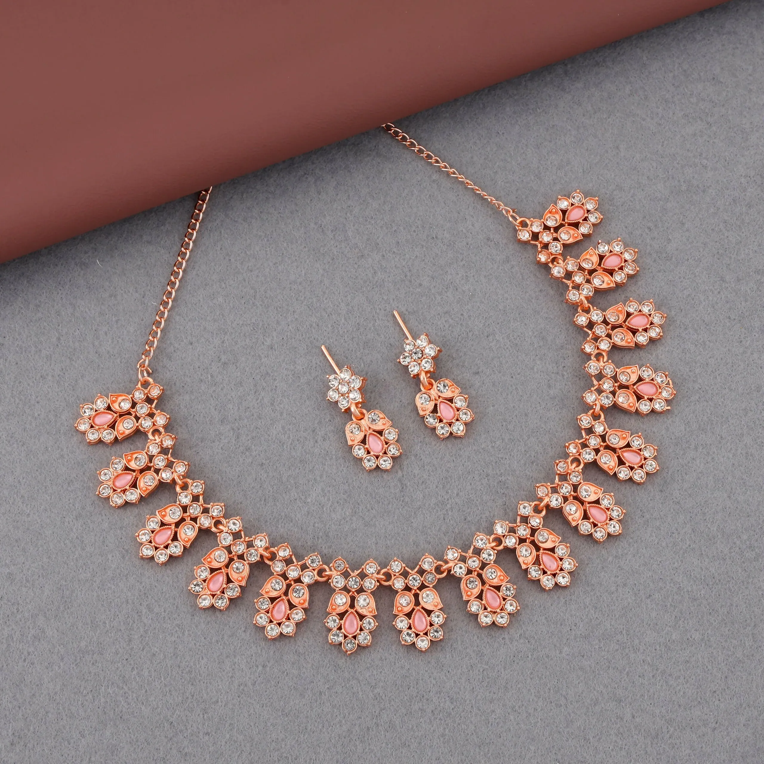 Premium Floral Jewellery Set – Rose Gold-Toned Pink Petal Design - Buy Online at Alikart