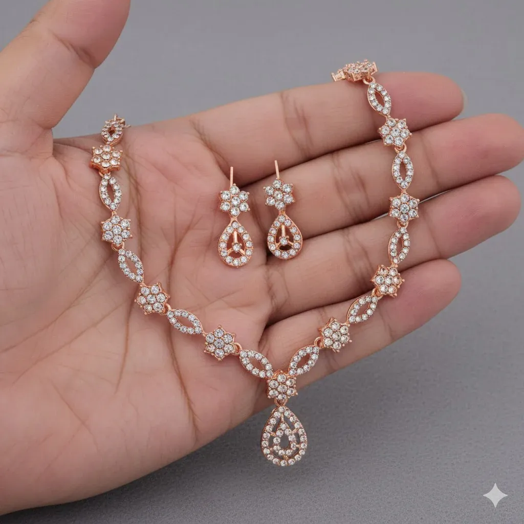 Crystal Enamel Floral Link Necklace Set – Elegant Pearl Drop - Detailed Feature View 1