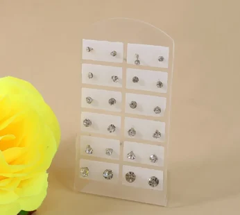 Silver-Plated Stud Earrings Set of 12 – Elegant Single Stone Design