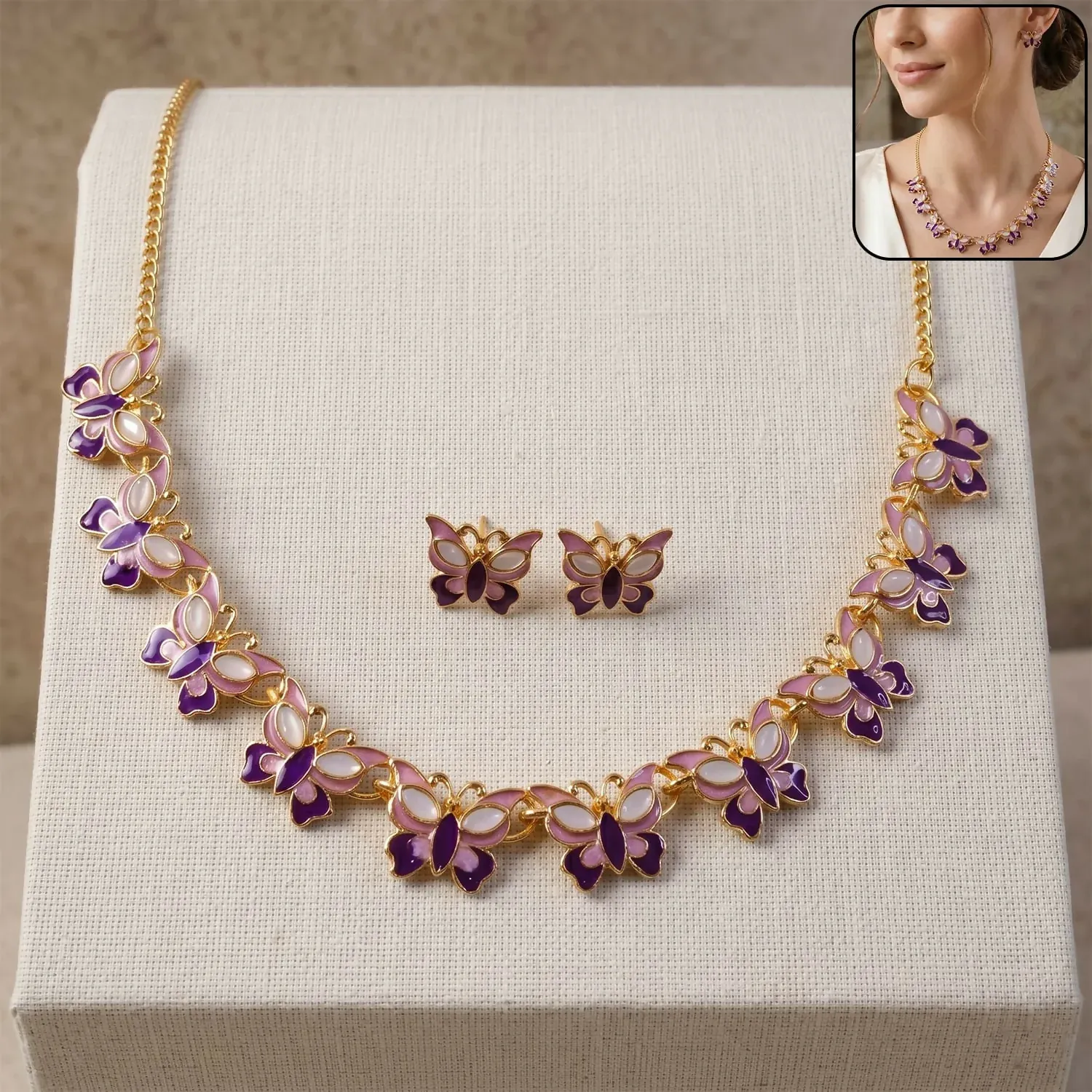 Purple Butterfly Necklace Set – Elegant Gold-Plated Jewellery for Women - Detailed Feature View 1