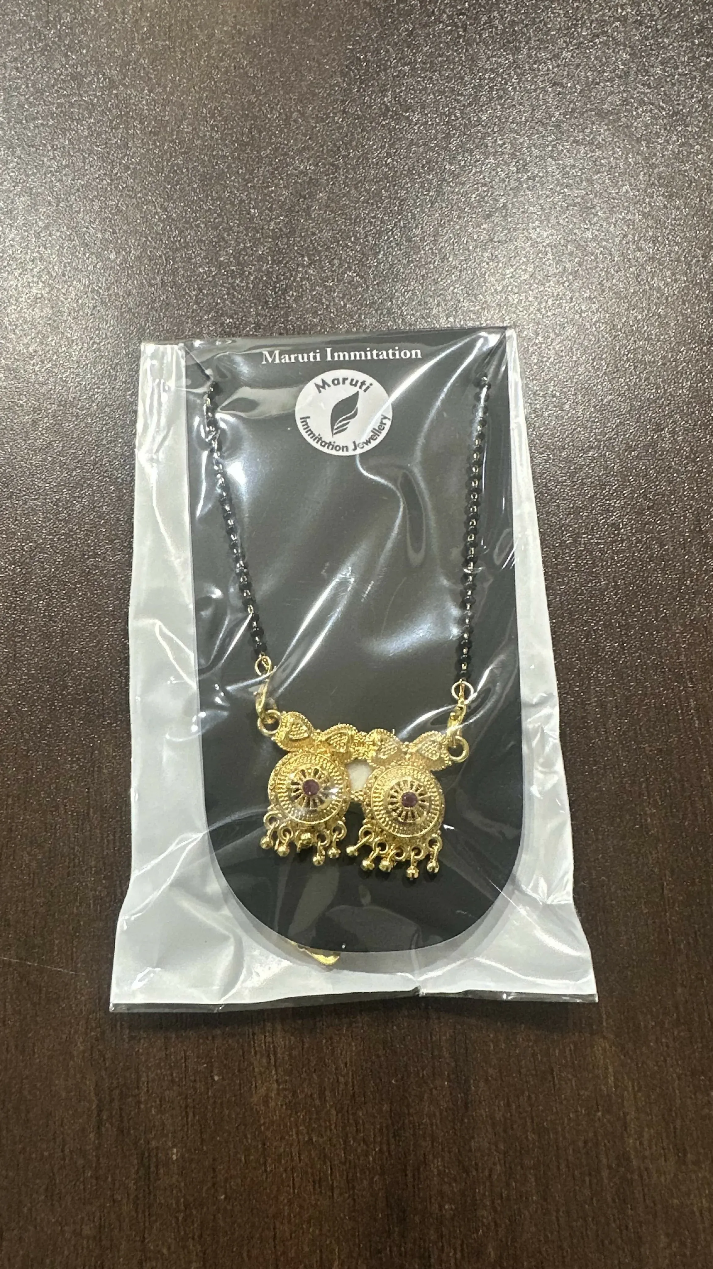 Gold-Tone Mangalsutra with Dual Pendant & Pink Stones - Detailed Feature View 3