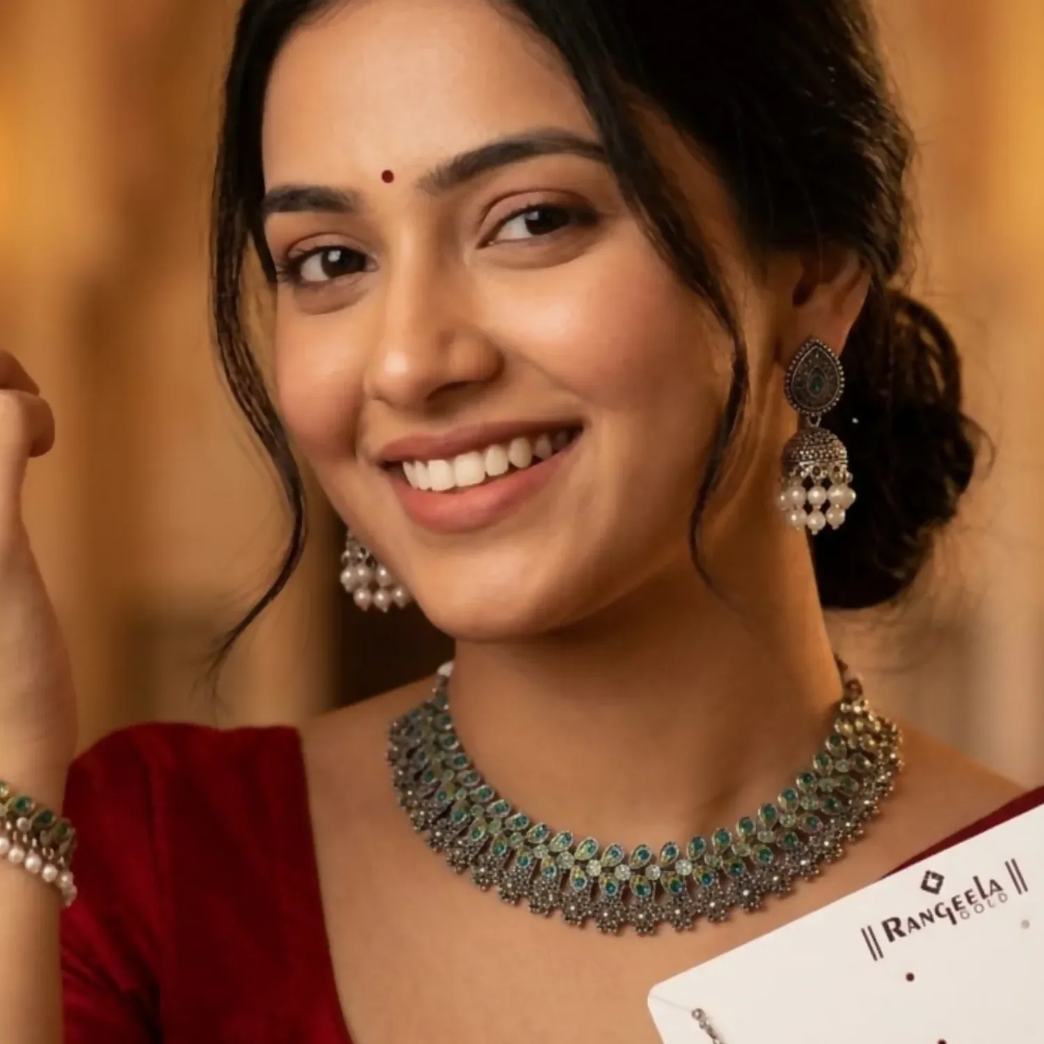 Oxidized Choker Necklace Set With Pearl Drop Jhumka Earrings For Women - Detailed Feature View 1