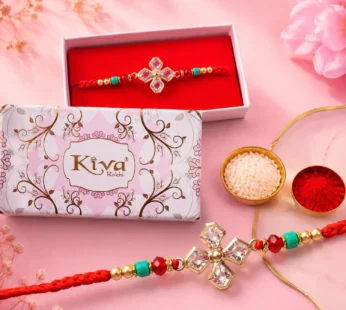 Diamond Crystal Flower Rakhi with Gold Bezels, Turquoise, Red & Golden Beads