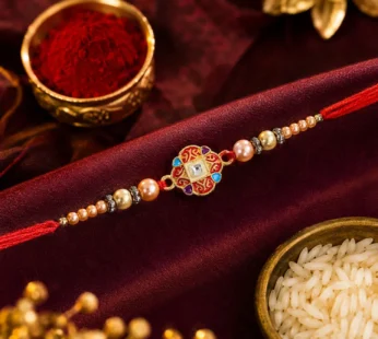 Round Red Meenakari AD Stone Designer Rakhi for Brother with Pearls