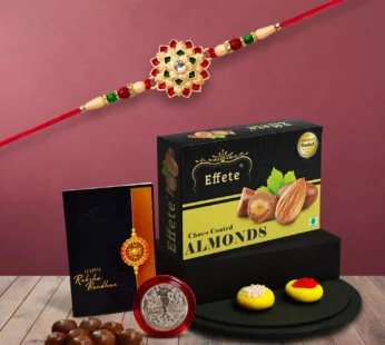 Floral Rakhi Gift Combo – Includes Chocolates, Card & Silver Coin – Raksha Bandhan
