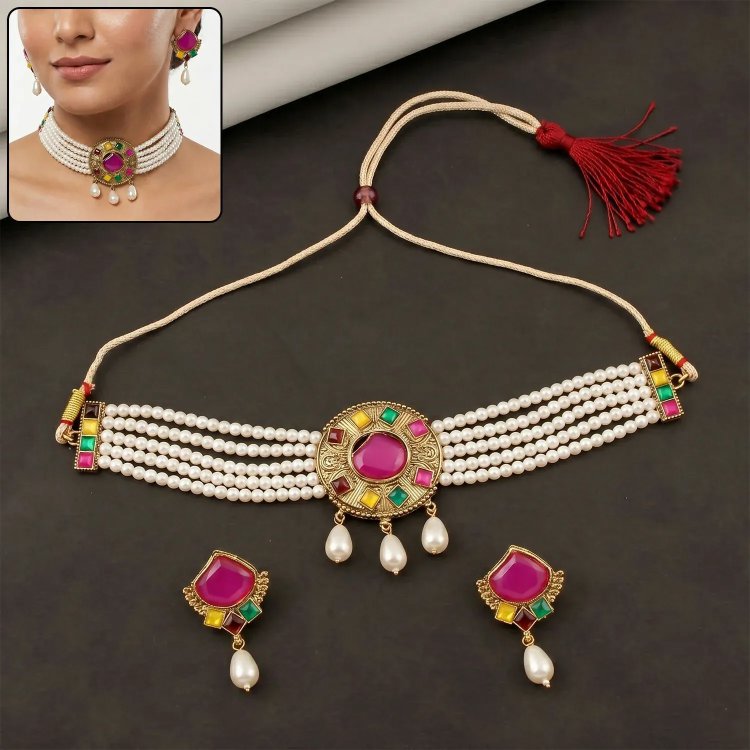 Premium Traditional Pink Stone Pearl Choker – Elegant Festive Jewelry for Women - Buy Online at Alikart