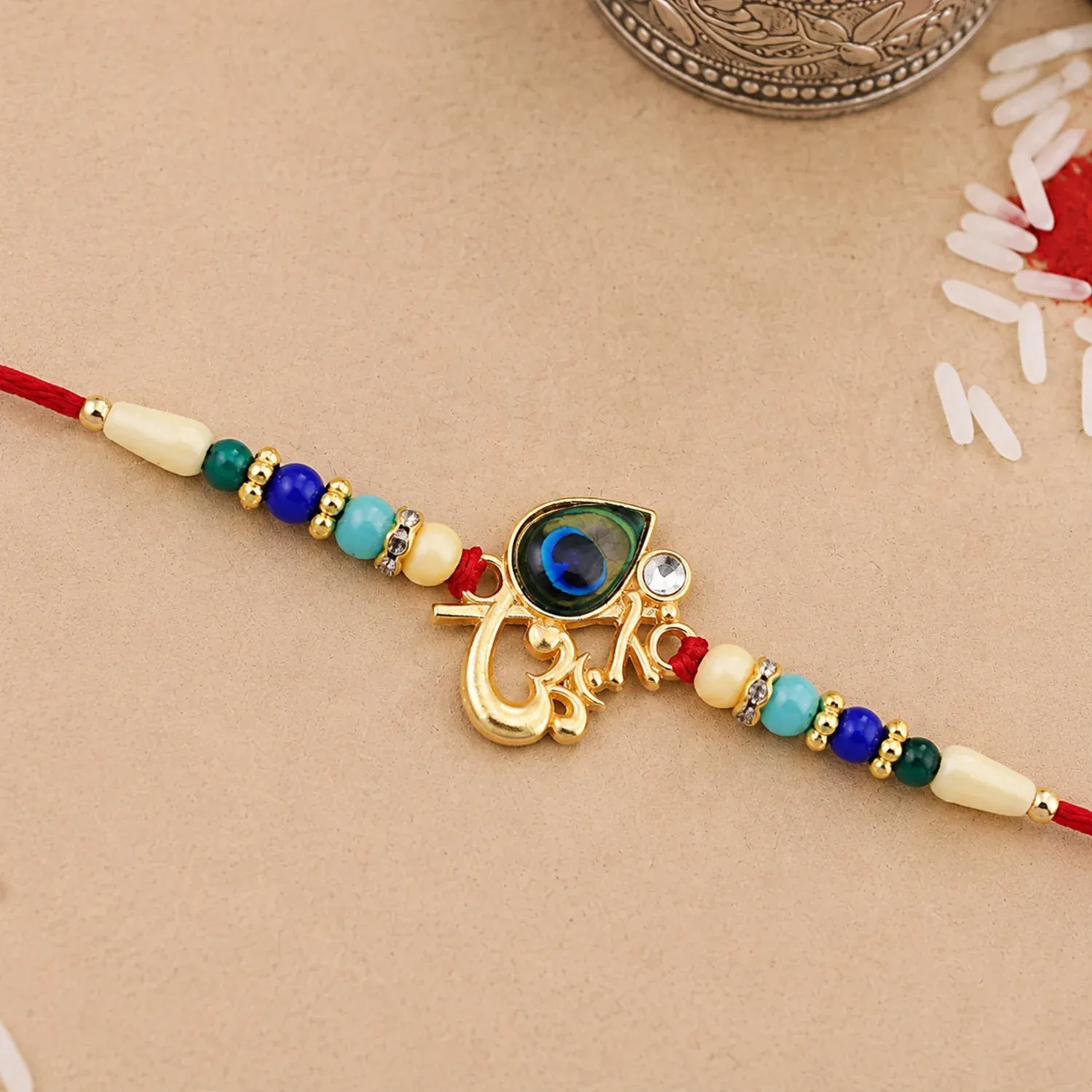 Premium Peacock Feather Rakhi – Divine Multicolor Beads for Brother - Buy Online at Alikart