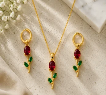 Ruby Red Crystal Necklace Set – Floral Pendant Earrings for Women