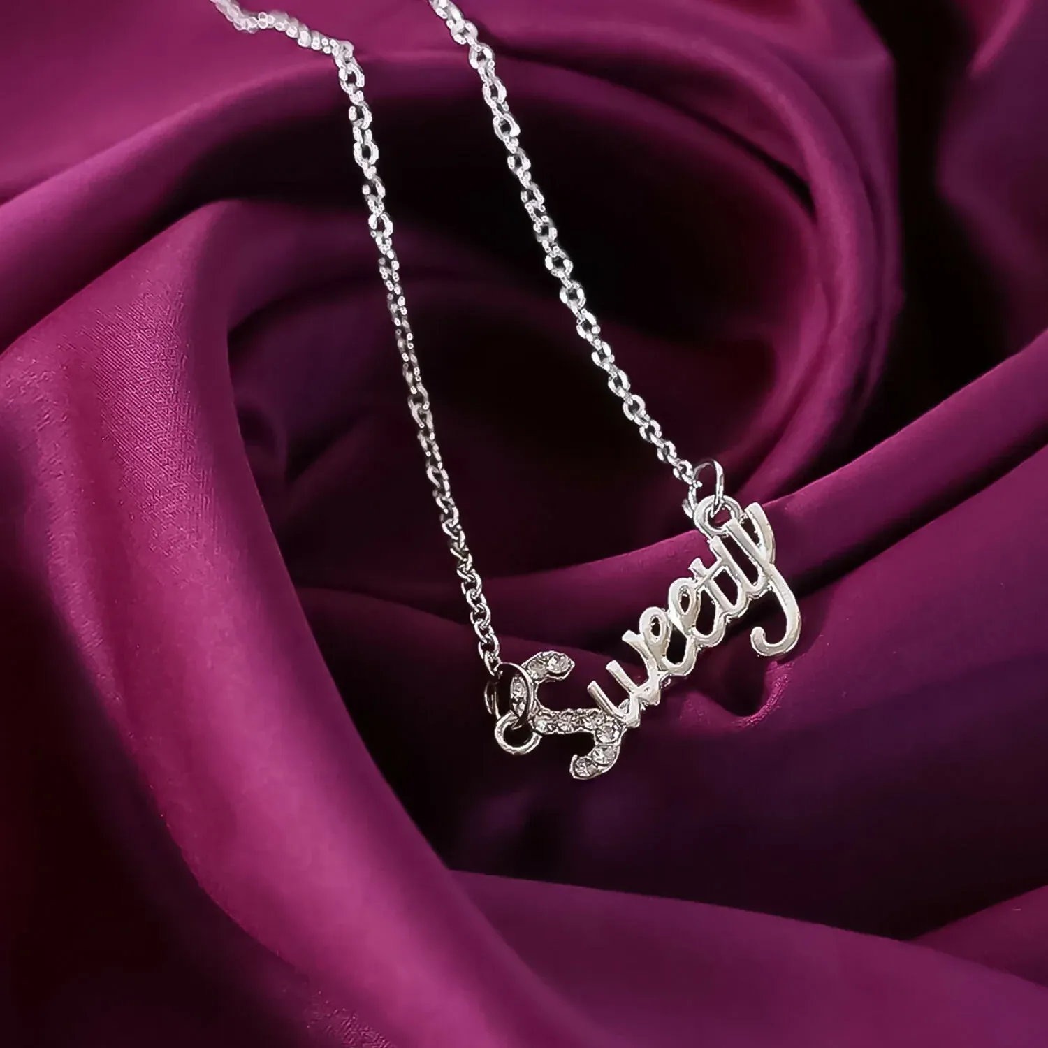 Sweety Pendant Necklace – Silver-Tone Elegant Script Design - Detailed Feature View 1